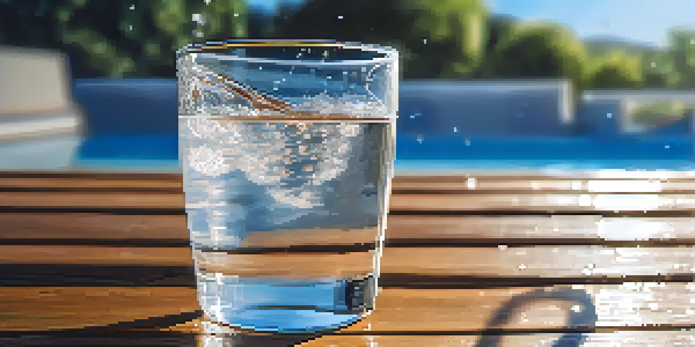A glass of water with condensation on a wooden table, with a blurred athlete running in the background.