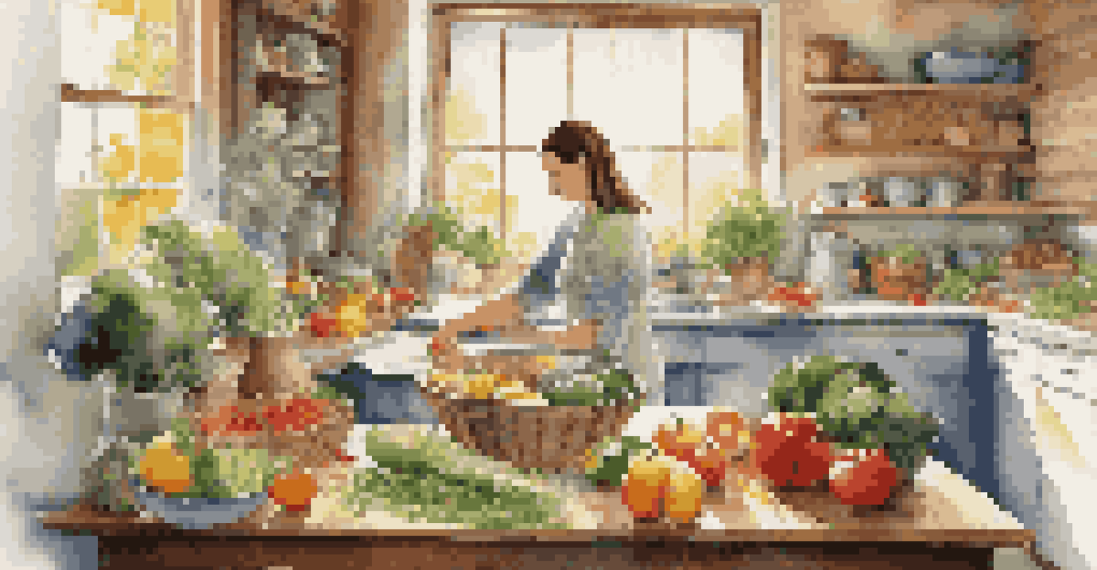 A warm kitchen filled with fresh ingredients for a balanced meal, with a person happily preparing vegetables, emphasizing the role of nutrition in health.