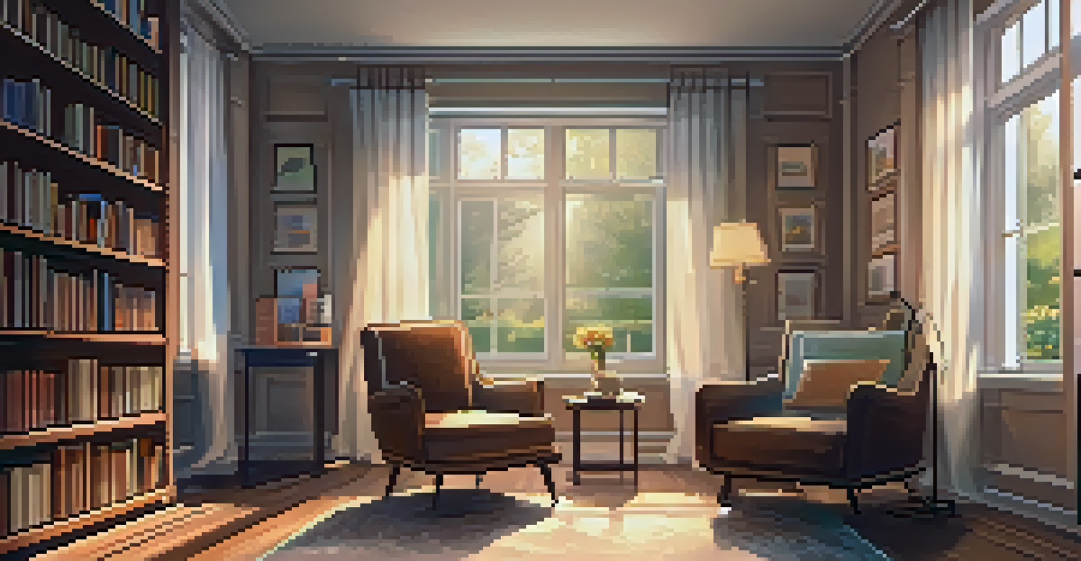 A warm and inviting therapy room with an armchair, a cup of tea on a table, and bookshelves filled with psychology books, illuminated by soft natural light.