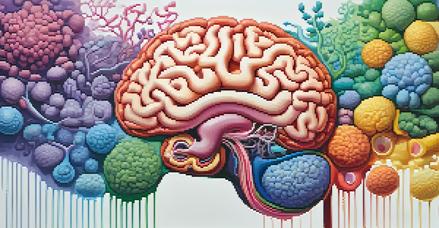 An illustration showing the connection between a healthy gut and a calm brain, with vibrant colors and abstract shapes.