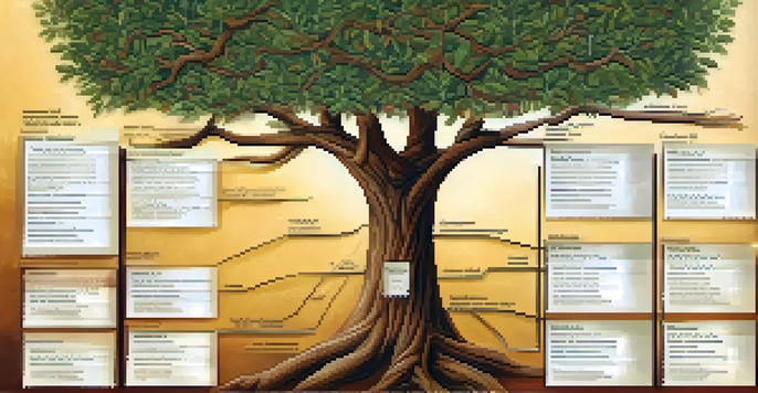 An illustrated family tree chart displaying family members and their health conditions, set in a warm background with soft lighting.