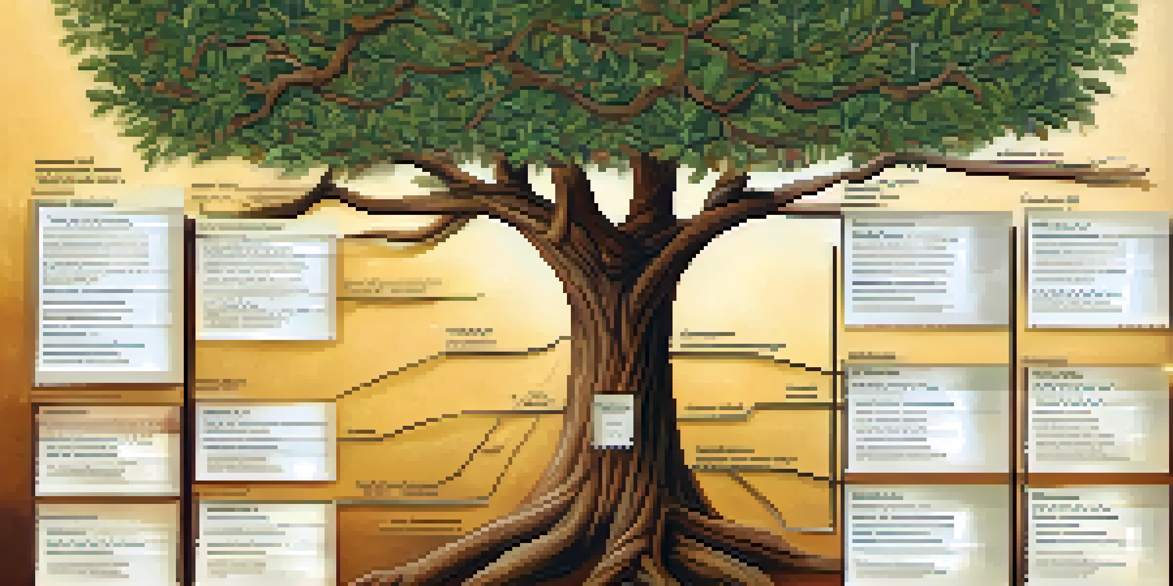 An illustrated family tree chart displaying family members and their health conditions, set in a warm background with soft lighting.