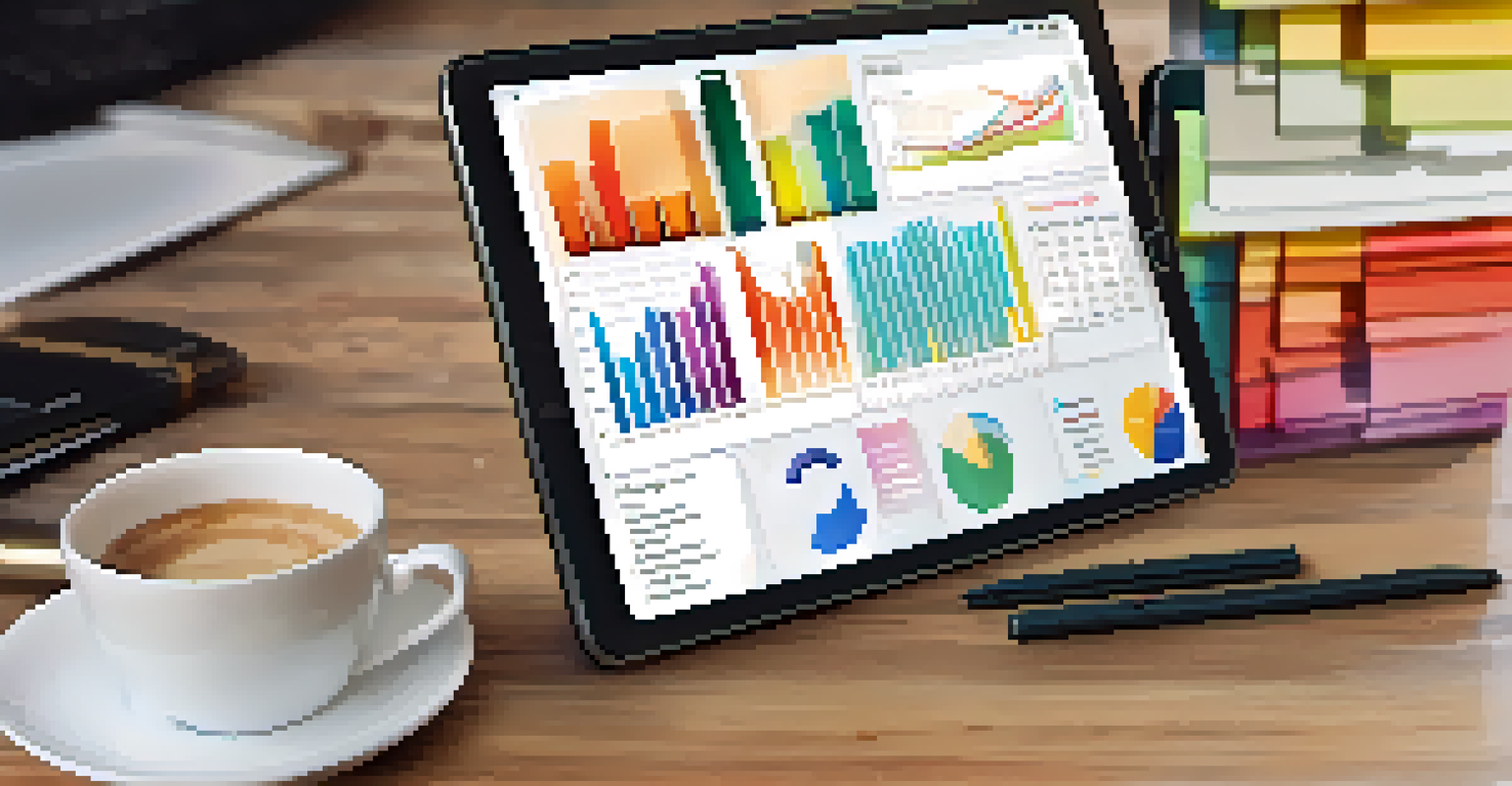 A close-up view of a smartphone showing a project management app with charts and task lists, with a coffee cup and notebook blurred in the background.