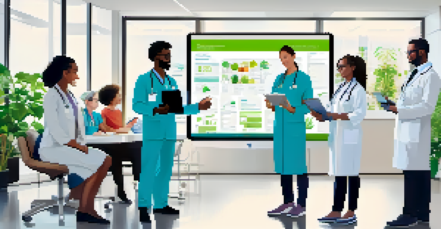 A diverse group of healthcare professionals discussing patient care over a tablet in a modern office with greenery.