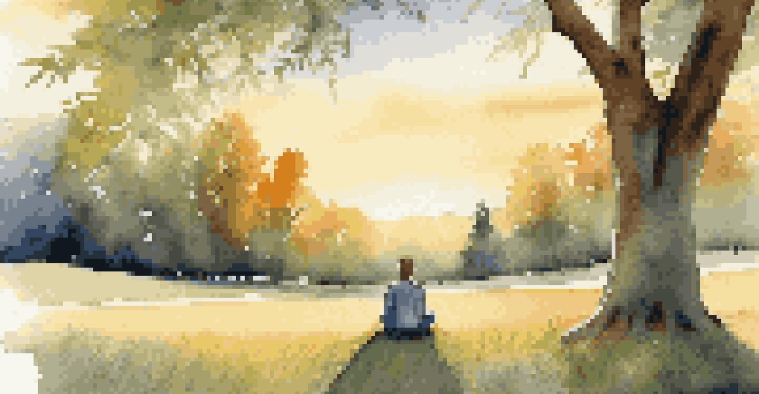 A person meditating outdoors in a grassy field at sunset, surrounded by trees, representing harmony with nature and mindfulness.