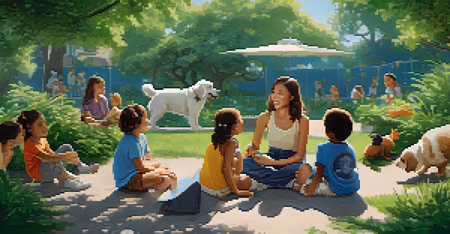 Children participating in a pet therapy session outdoors, surrounded by various animals and lush greenery.
