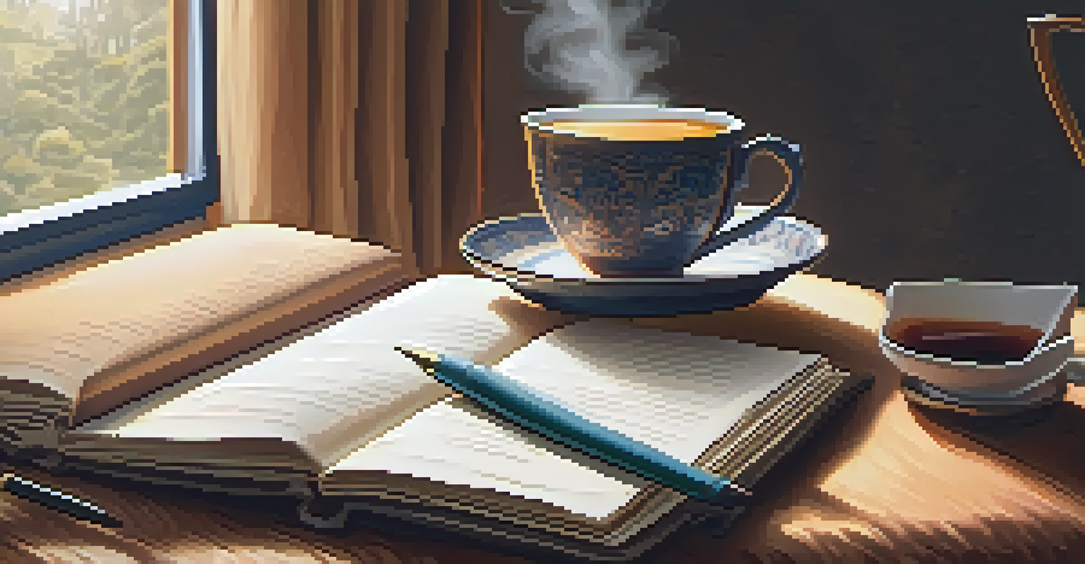 A cup of tea, an open book, and a notepad on a cozy blanket, creating a warm and inviting atmosphere for relaxation.