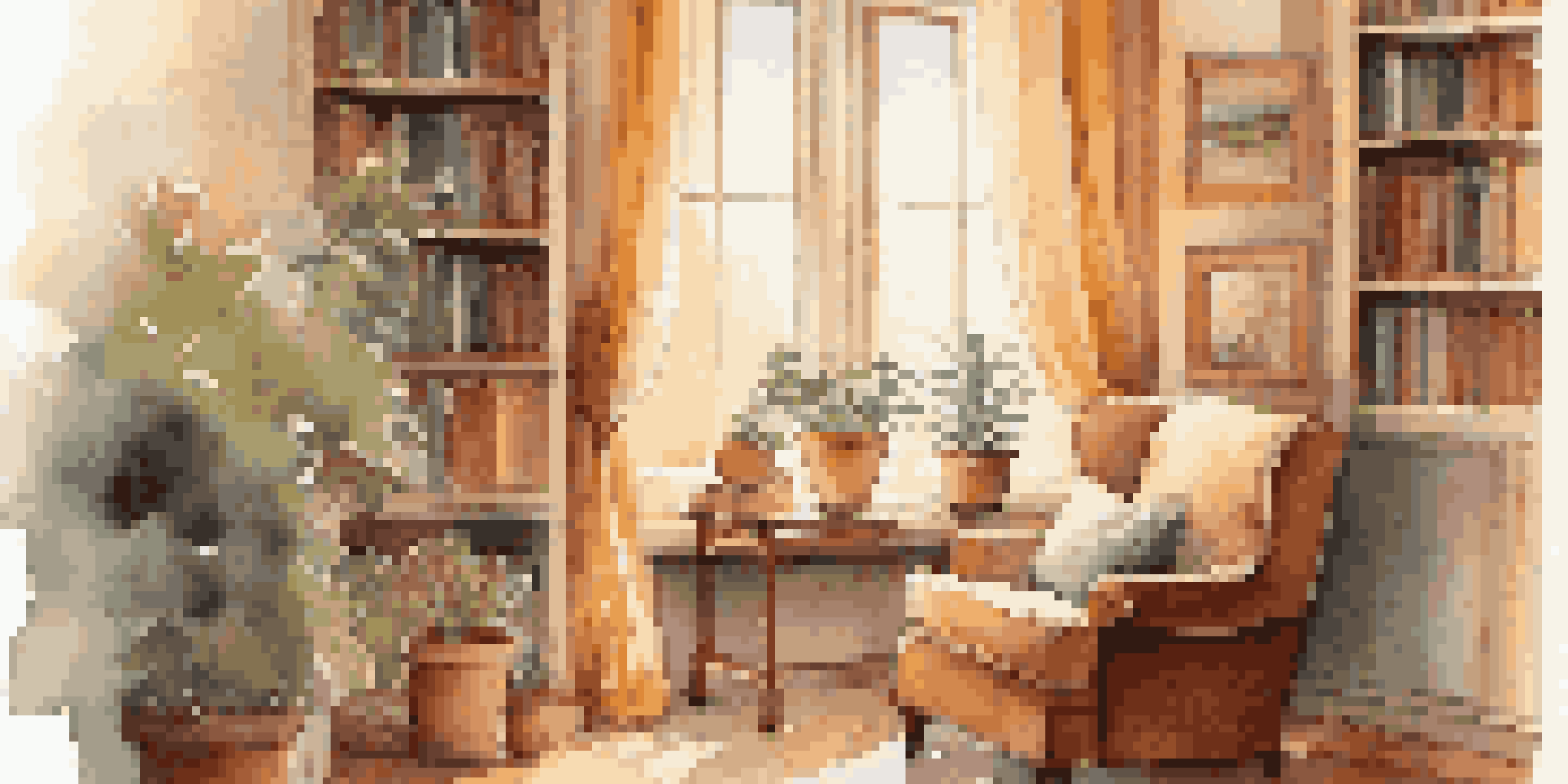 A person sitting in an armchair by a window, enjoying a cup of tea in a warm, cozy room with soft lighting.