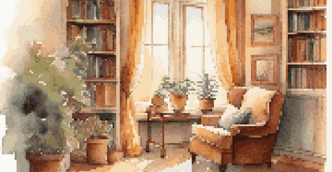 A person sitting in an armchair by a window, enjoying a cup of tea in a warm, cozy room with soft lighting.