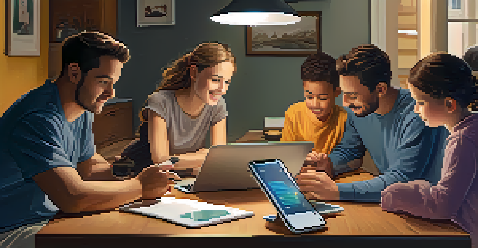 A family at a table discussing online privacy with devices around them, surrounded by notes about digital safety.