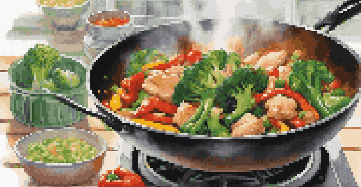 A dynamic stir-fry scene in a wok with colorful vegetables and chicken, showcasing the process of cooking with steam and vibrant colors.