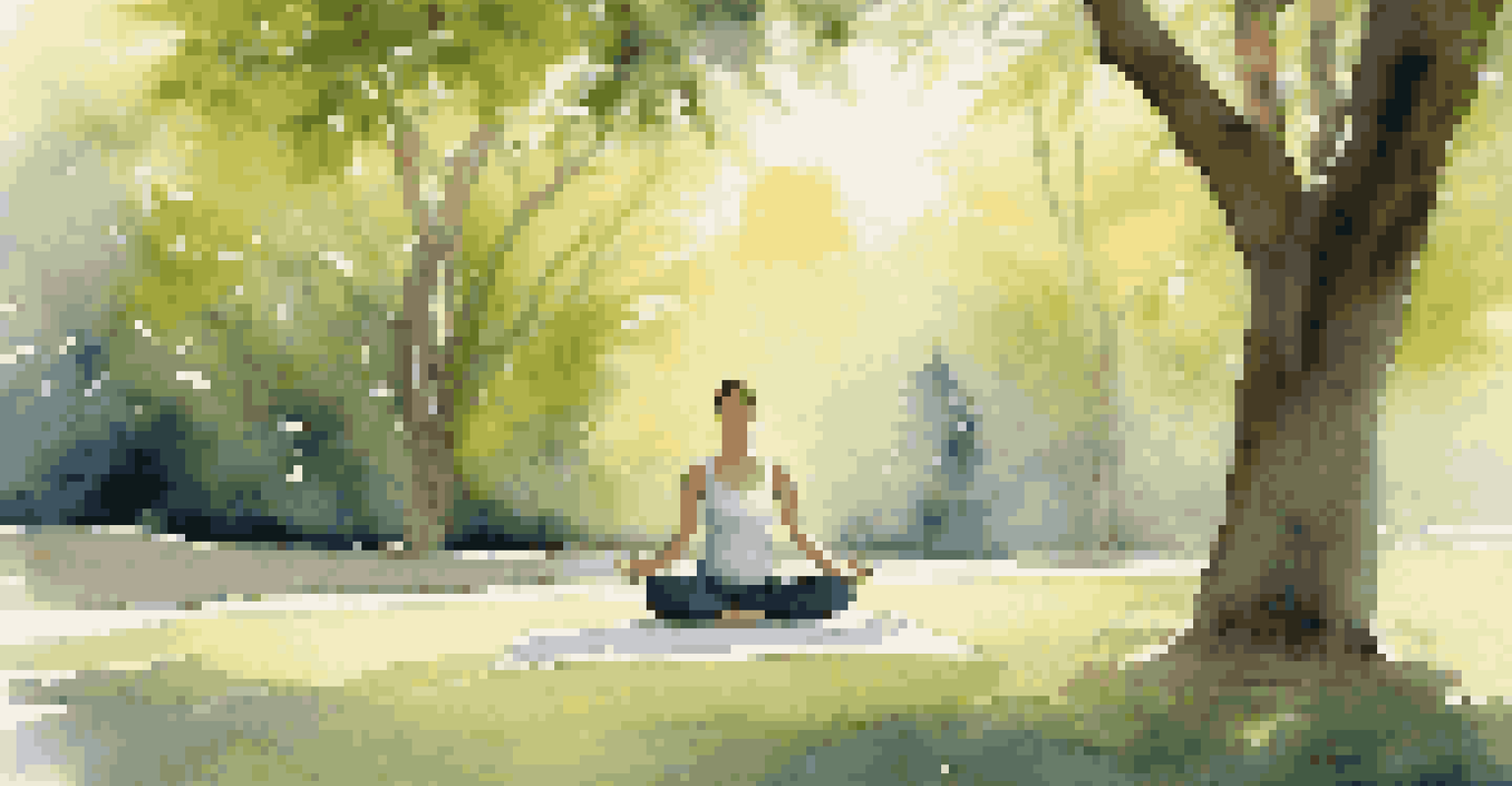 A person practicing yoga in a peaceful park setting, surrounded by nature.