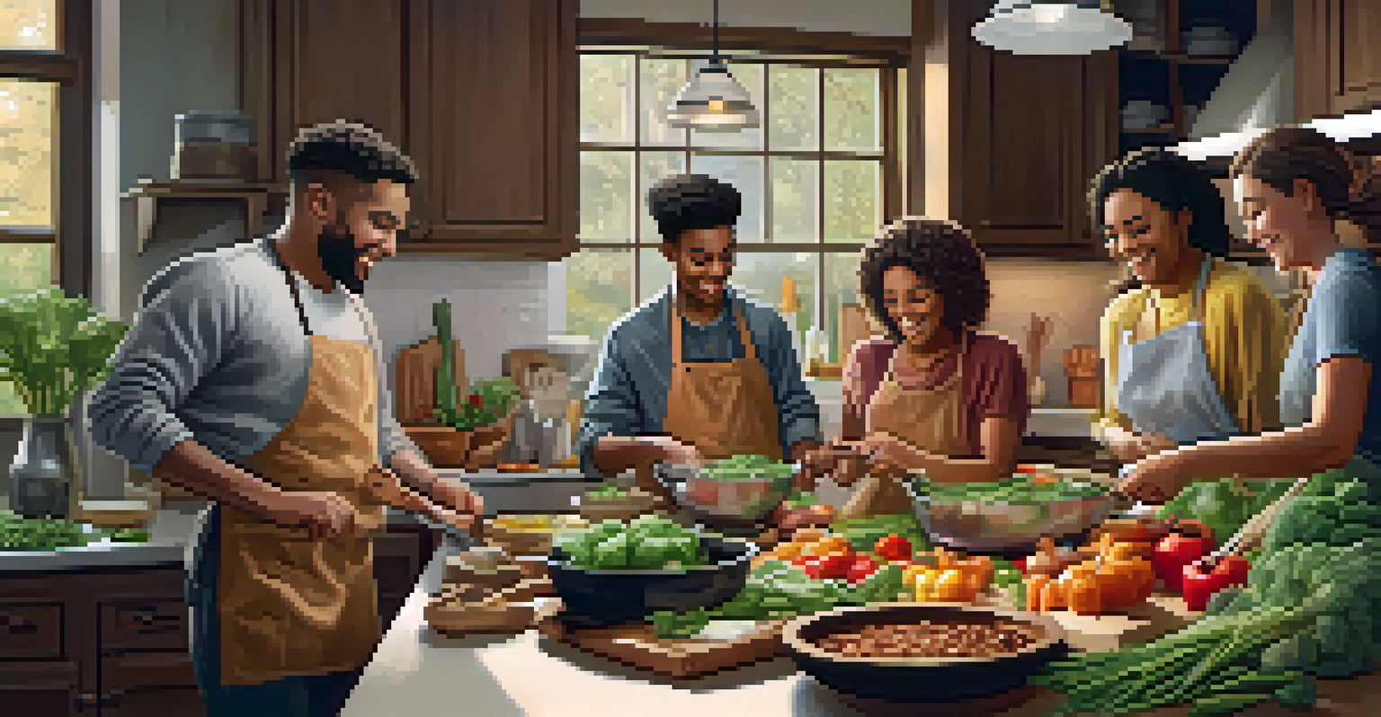 Friends cooking together in a cozy kitchen, preparing a healthy meal with fresh ingredients.