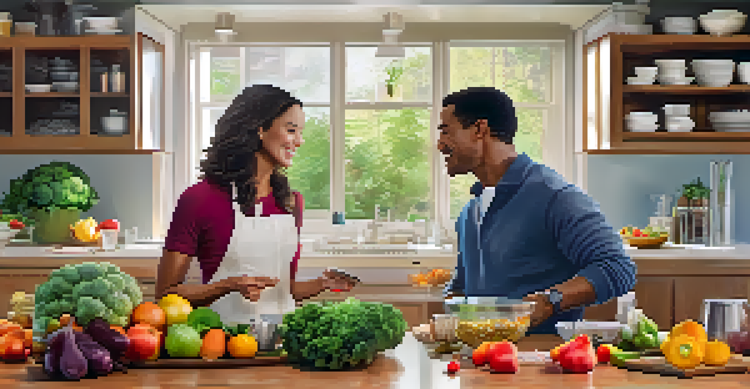 A health coach and client discussing meal planning in a bright kitchen filled with fresh ingredients.