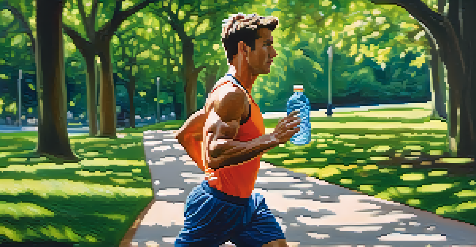A fit man jogging in a park, holding a water bottle with trees and flowers in the background.