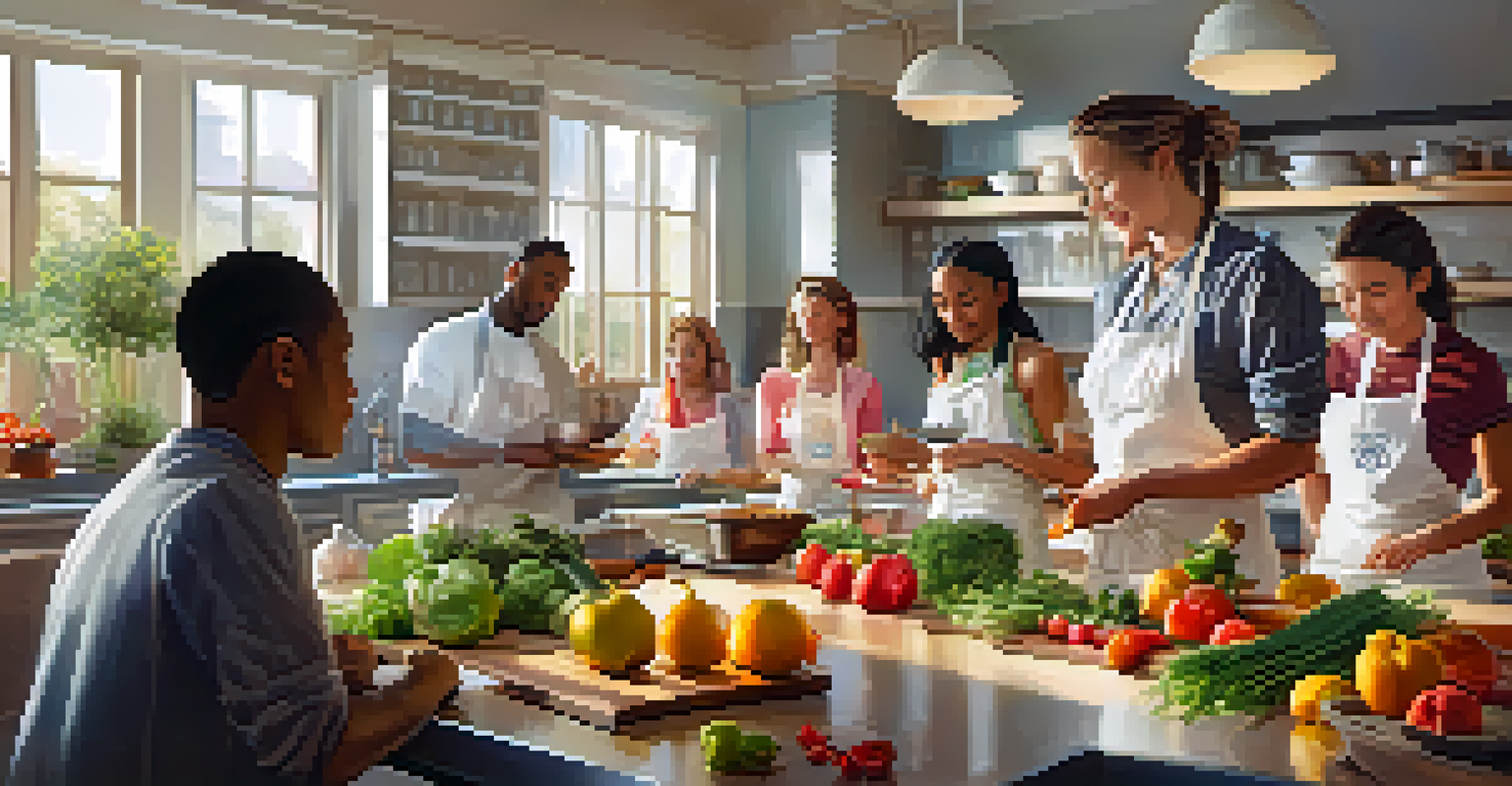 A diverse group of people in a modern kitchen, watching a chef demonstrate cooking techniques with fresh ingredients on the counter and sunlight streaming in.