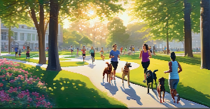 A peaceful park filled with people of different backgrounds participating in outdoor exercises, illuminated by the golden light of sunset.