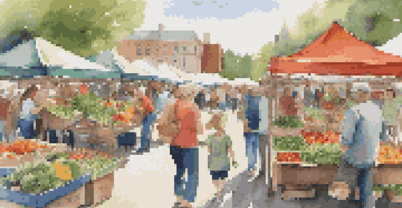 A lively farmers' market scene with families selecting fresh produce, emphasizing community and healthy eating.