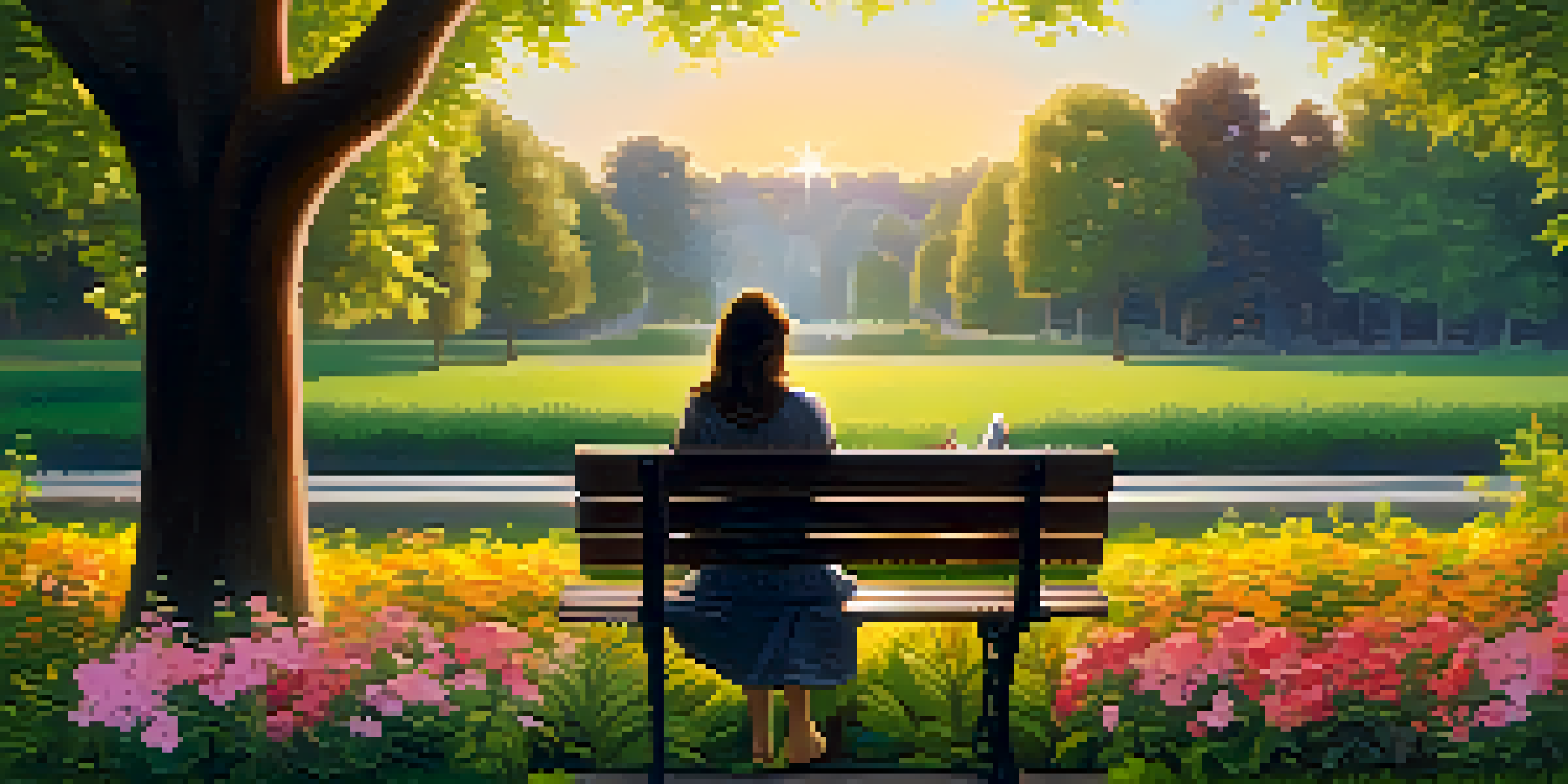 A peaceful park scene with a person reading a book on a bench, surrounded by flowers and trees at sunset.