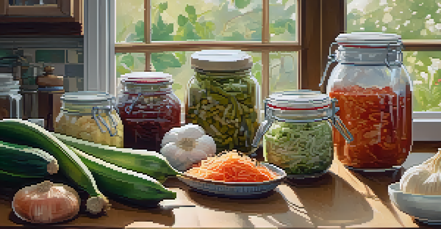 A cozy kitchen with jars of kimchi and sauerkraut on a wooden countertop, surrounded by fresh ingredients like garlic and bananas, bathed in soft, ambient lighting.