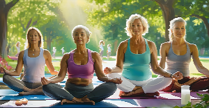 A group of diverse women practicing yoga outdoors in a sunny park, surrounded by greenery and flowers.