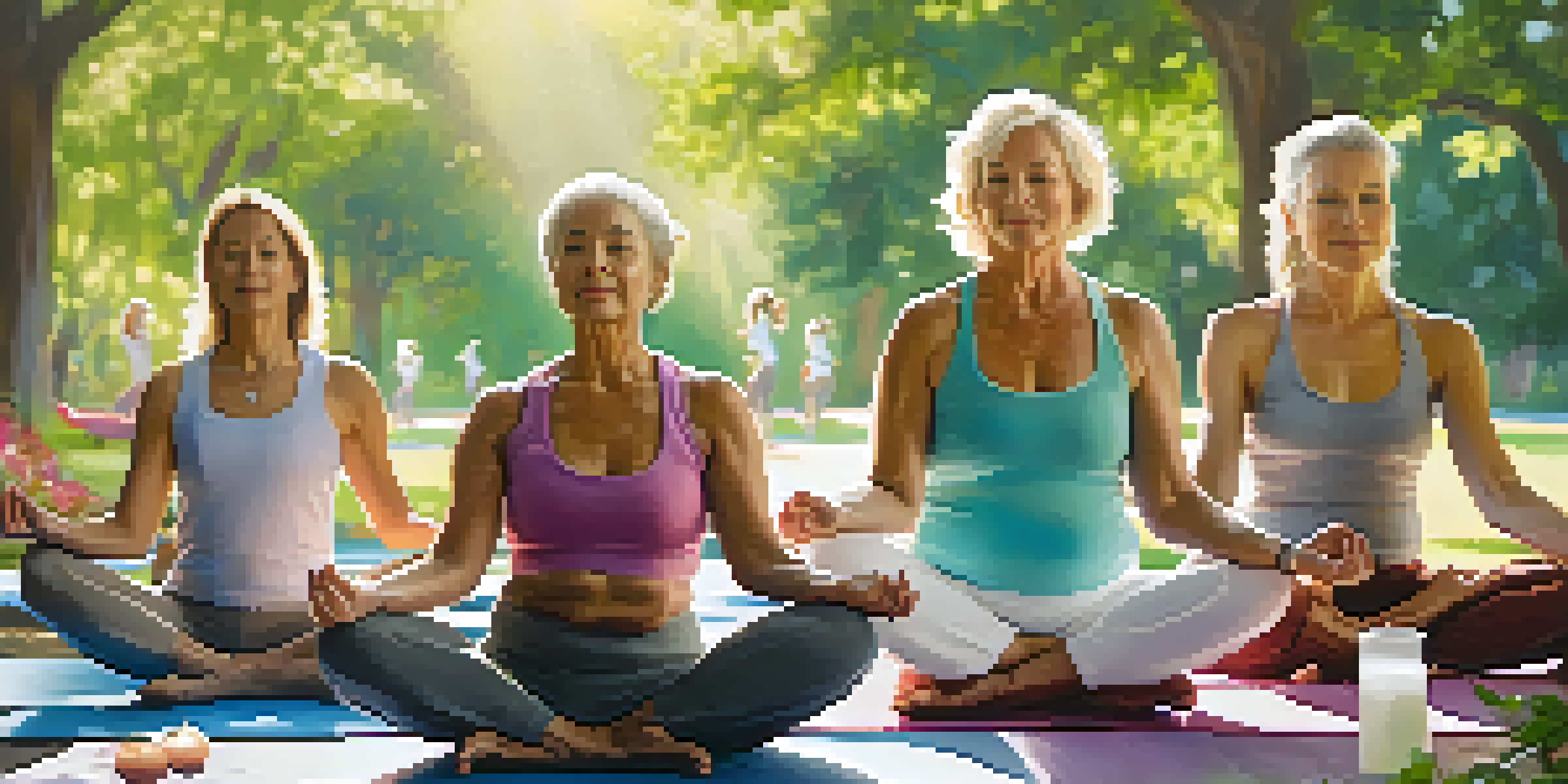 A group of diverse women practicing yoga outdoors in a sunny park, surrounded by greenery and flowers.