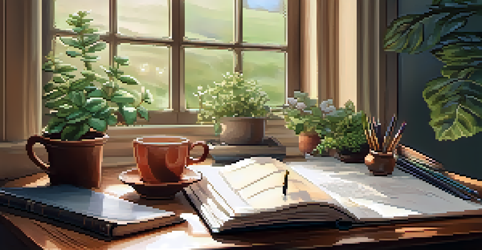 A cozy workspace for journaling with a journal, pen, and tea on a desk by a window, surrounded by natural light and a potted plant.