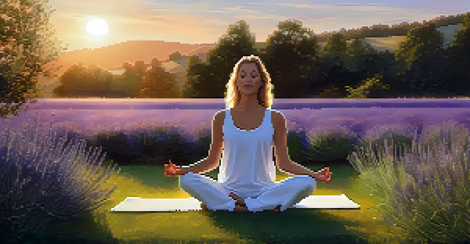 A person doing yoga in a grassy field surrounded by potted herbs, with a sunset in the background.