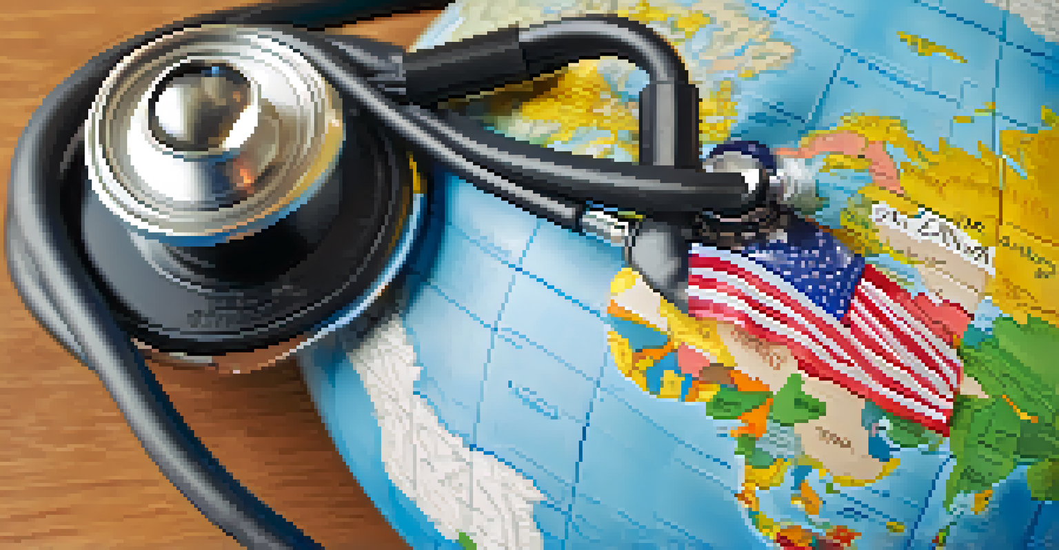A globe with a stethoscope, representing global health awareness in travel.