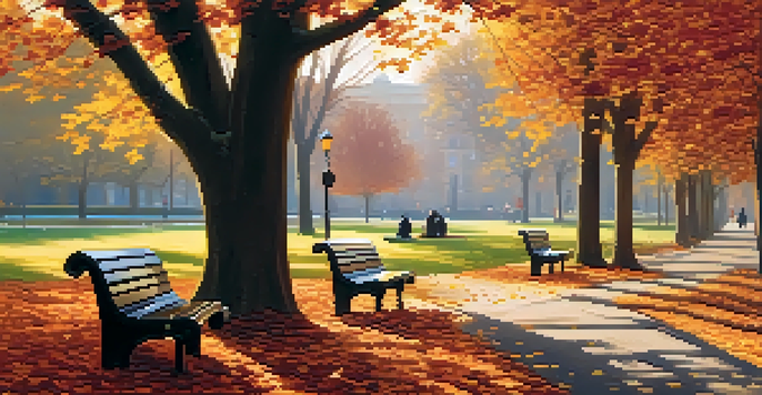 A peaceful autumn park with colorful leaves, a winding pathway, and people enjoying the scenery.