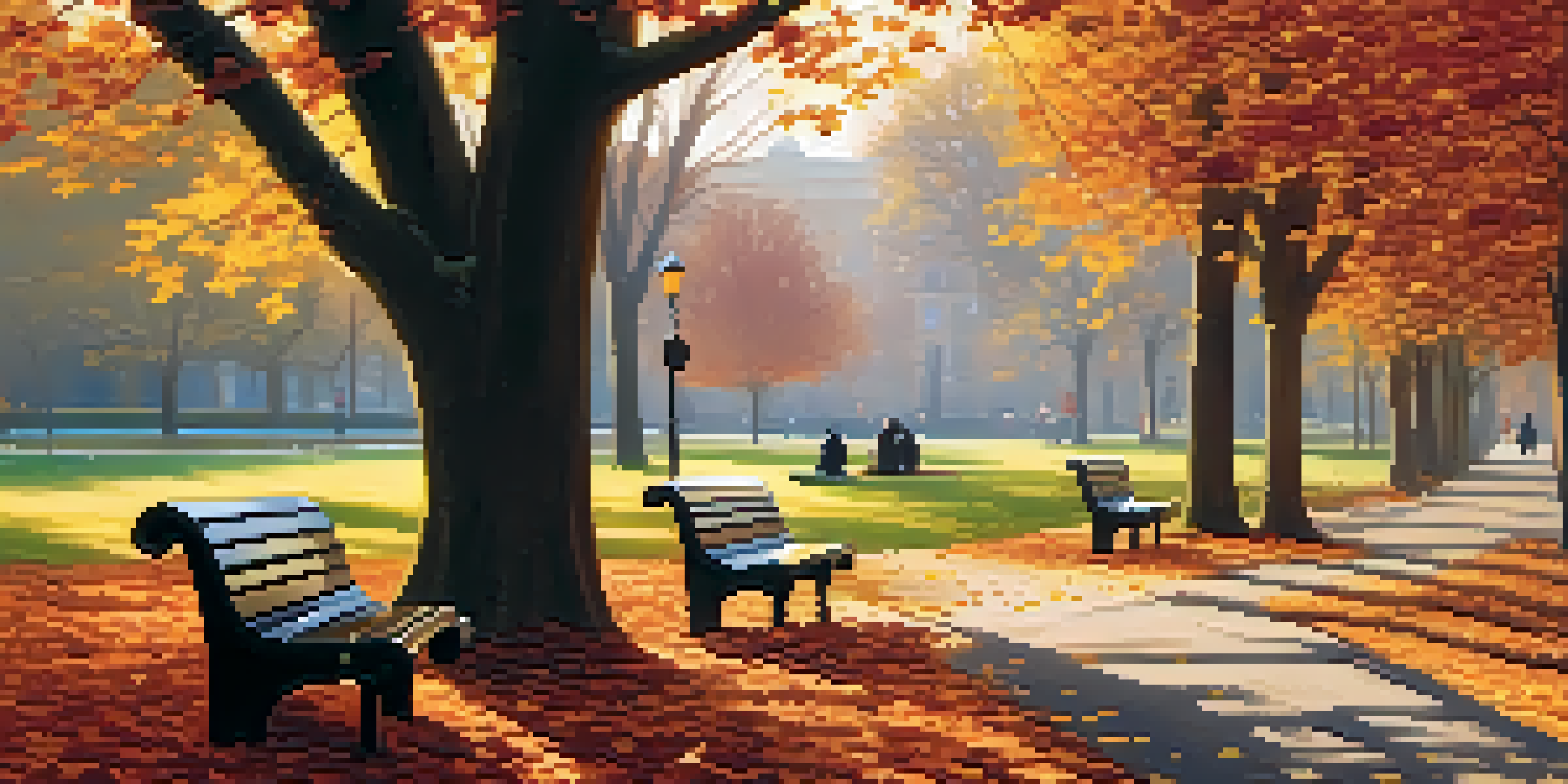 A peaceful autumn park with colorful leaves, a winding pathway, and people enjoying the scenery.
