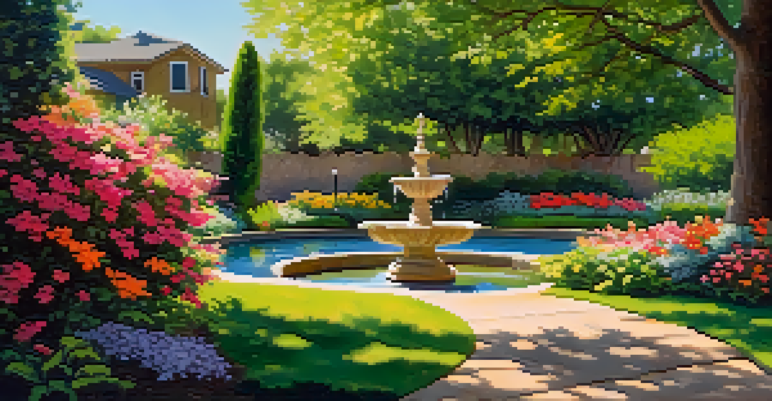 A peaceful garden with colorful flowers, a wooden bench, and a fountain, bathed in dappled sunlight.