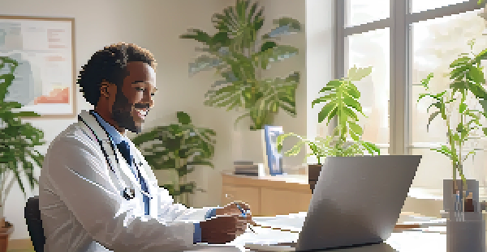 A healthcare provider and a patient discussing health information in a bright office with visual aids.
