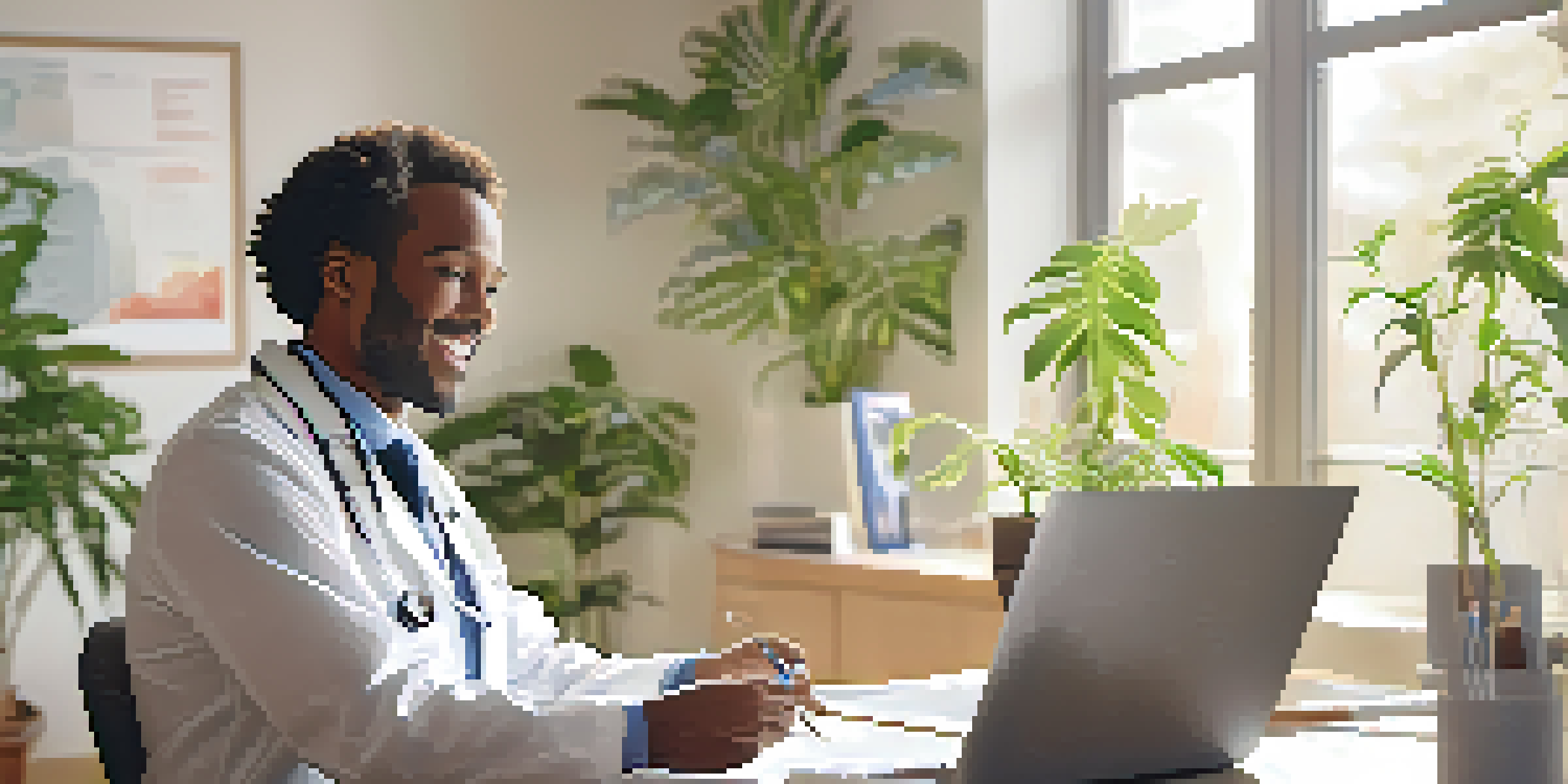 A healthcare provider and a patient discussing health information in a bright office with visual aids.
