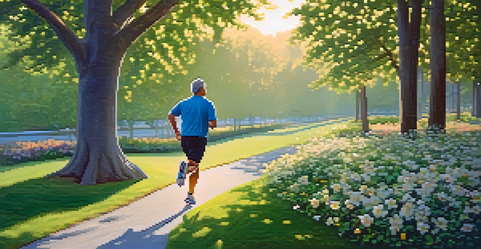 A middle-aged man jogging in a green park at sunrise, surrounded by trees and flowers, representing health and vitality.