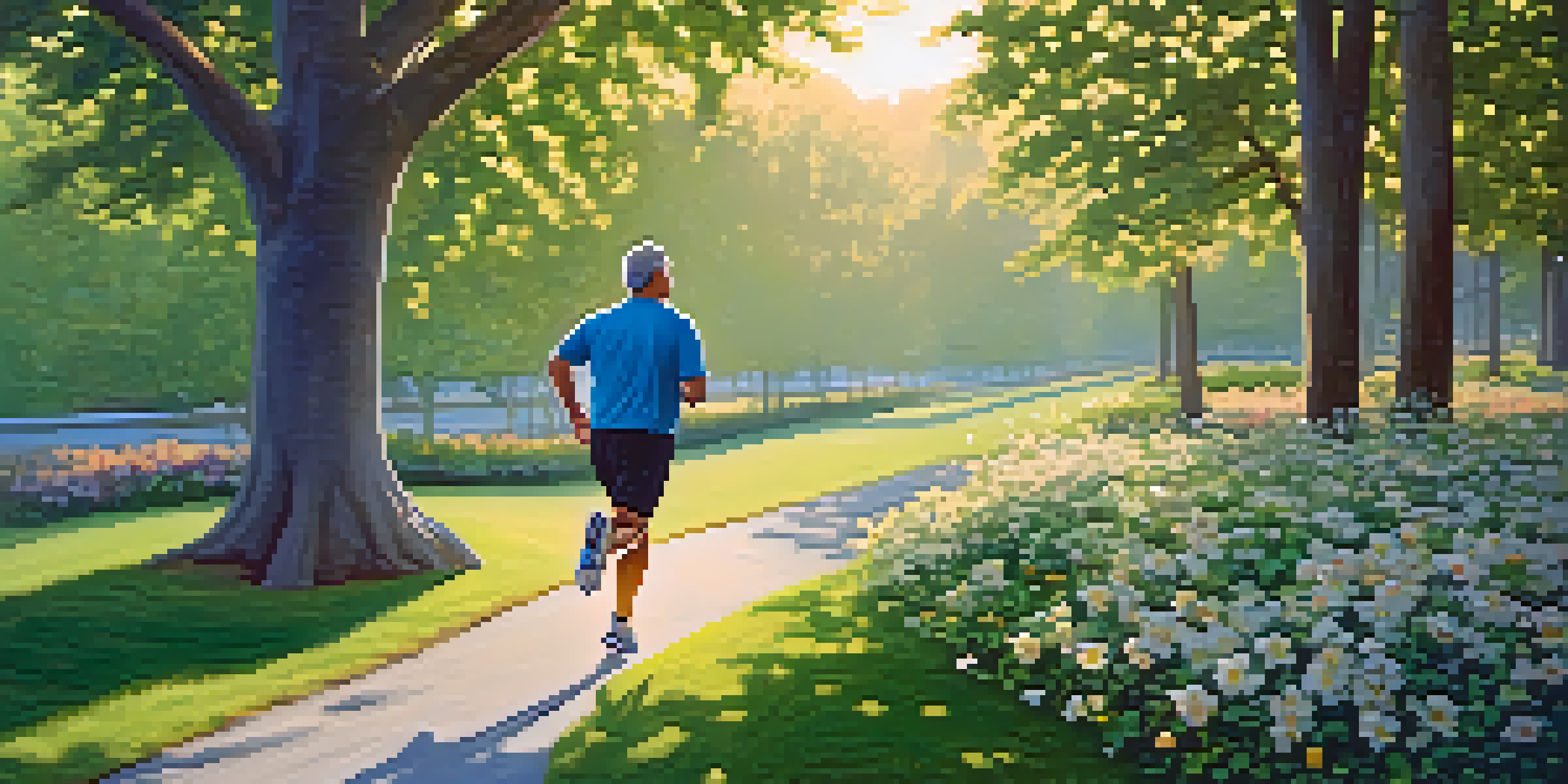 A middle-aged man jogging in a green park at sunrise, surrounded by trees and flowers, representing health and vitality.