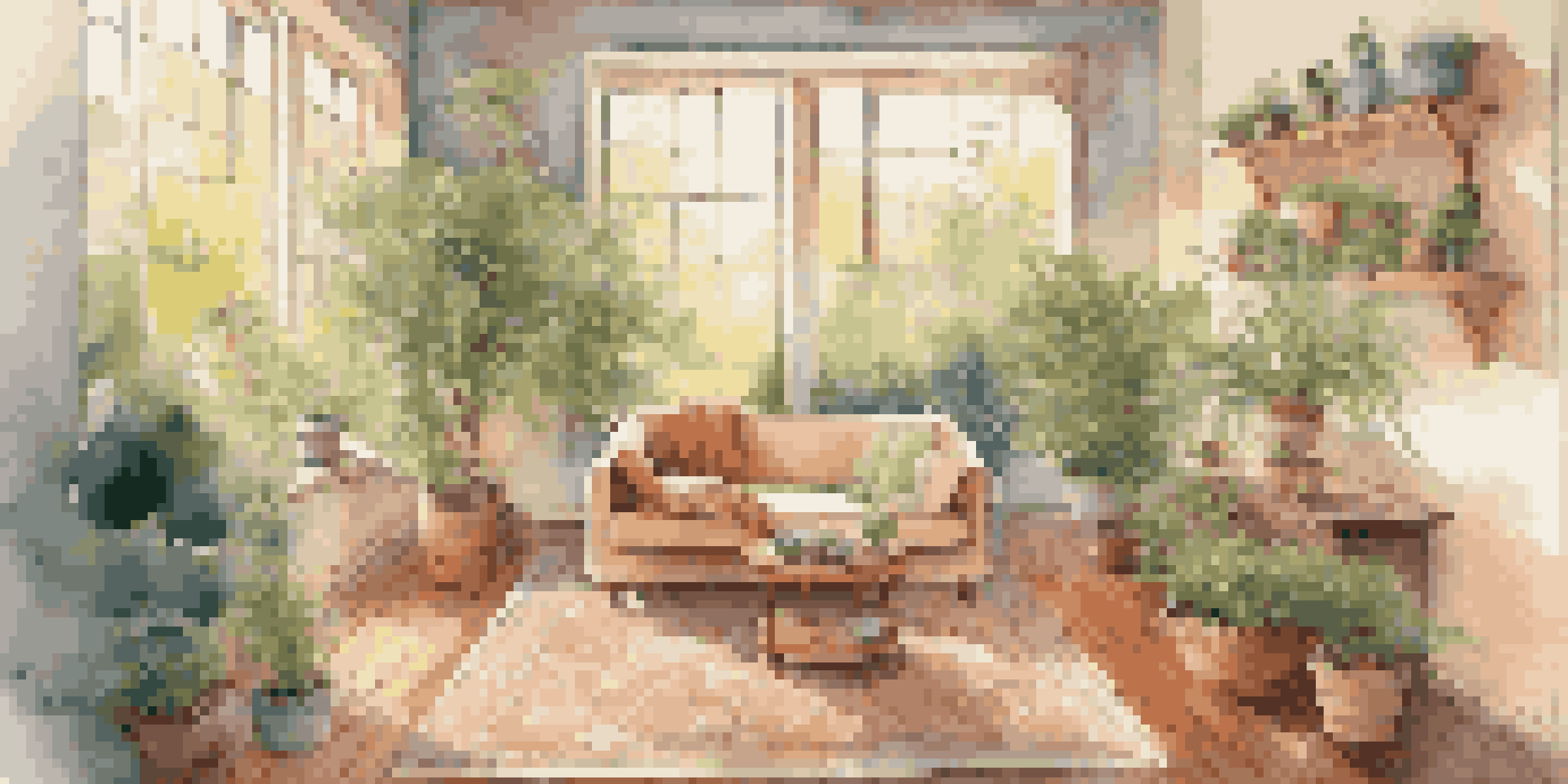A person meditating in a cozy living room filled with natural light and greenery, with calming artwork on the walls.