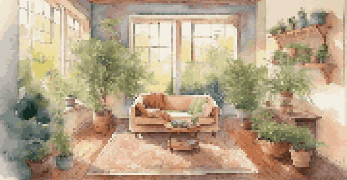A person meditating in a cozy living room filled with natural light and greenery, with calming artwork on the walls.