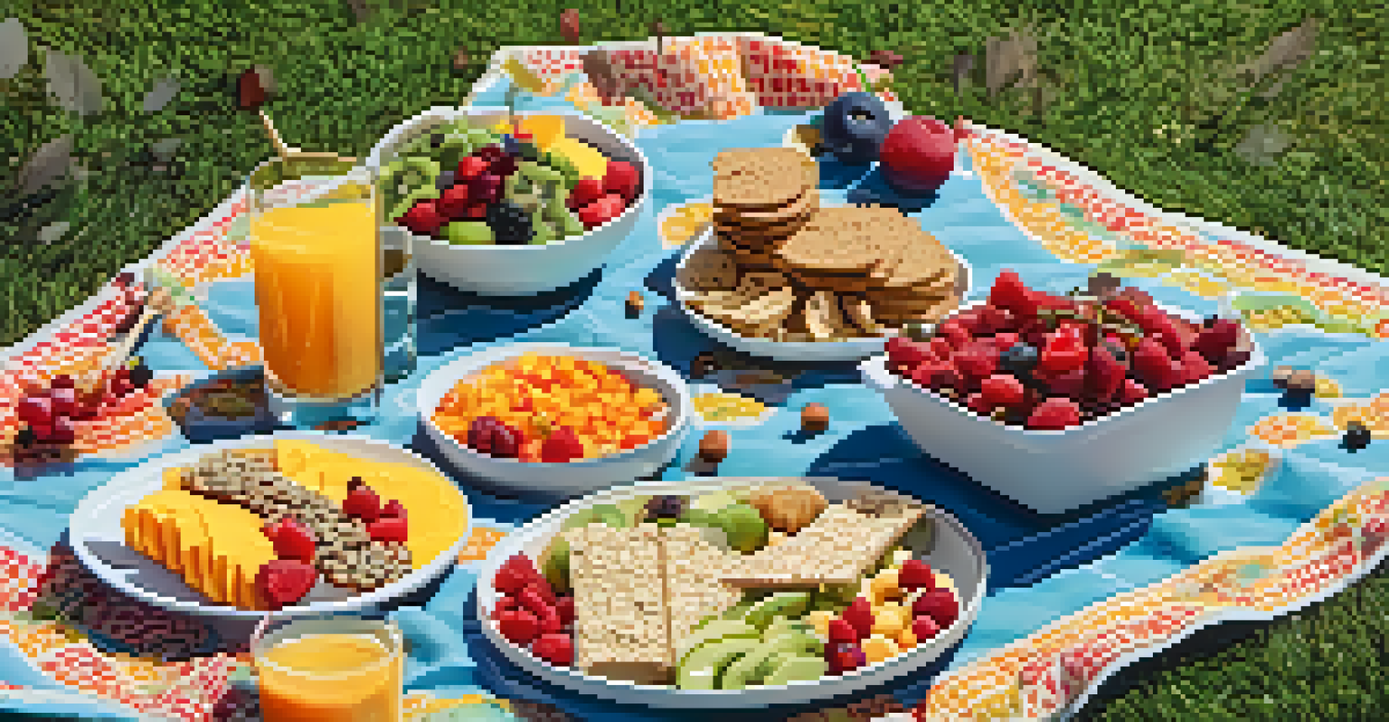 An outdoor picnic with a colorful blanket on grass, displaying plant-based snacks like energy bites, a veggie platter, and fruit skewers under sunlight.