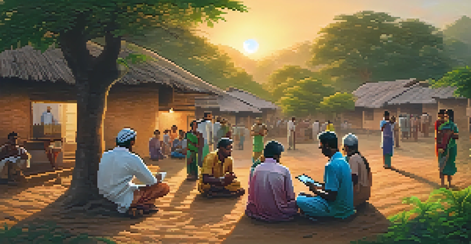 A rural village during sunset with villagers using a tablet for telemedicine, showcasing their engagement with a doctor on screen.