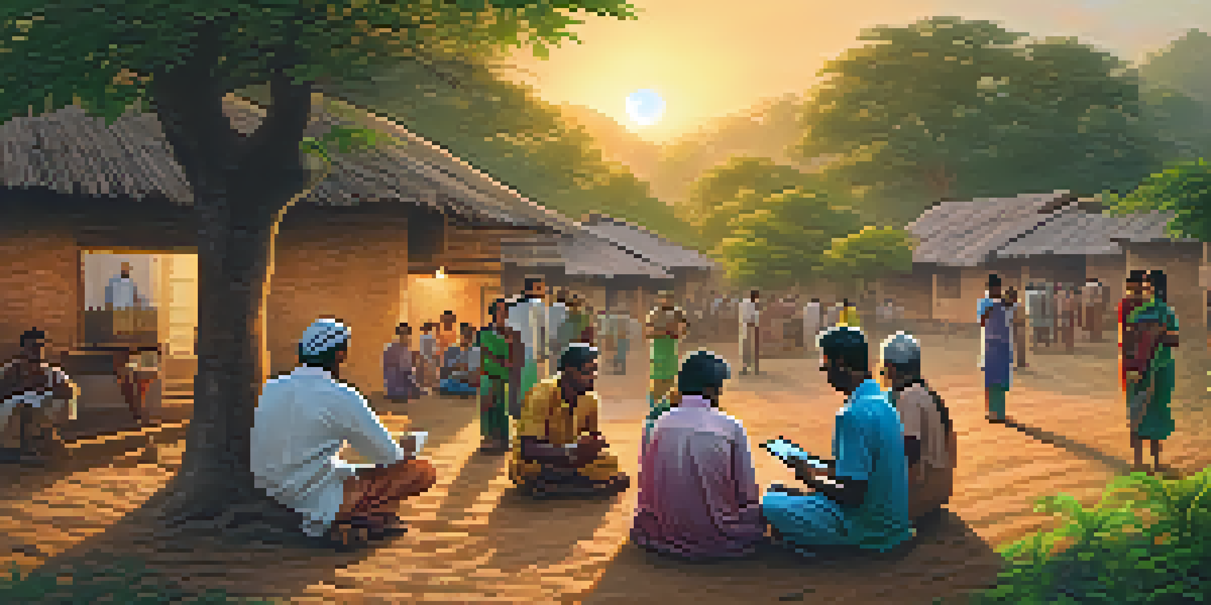 A rural village during sunset with villagers using a tablet for telemedicine, showcasing their engagement with a doctor on screen.