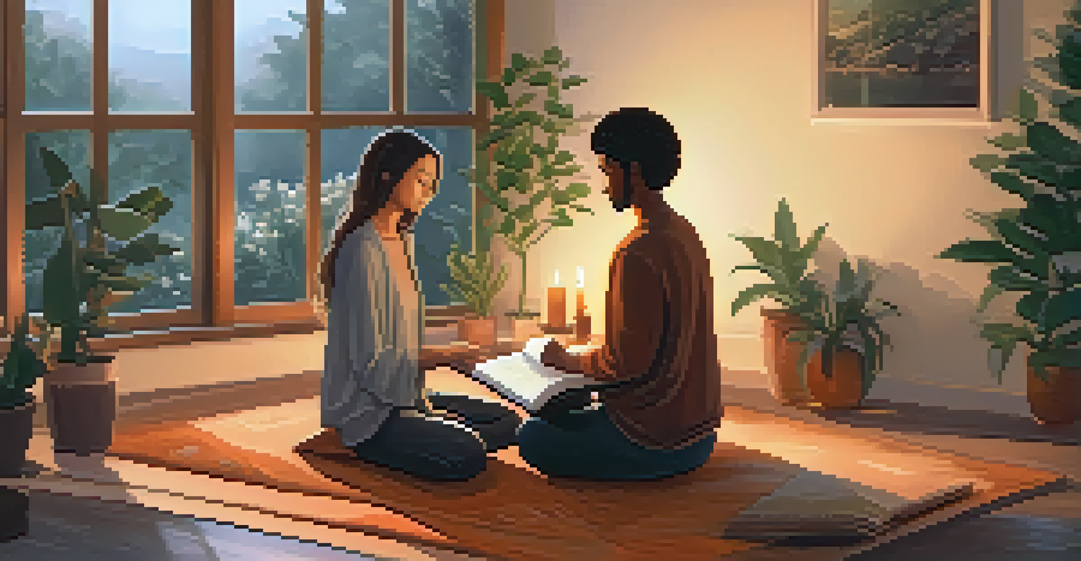 A couple practicing mindfulness together in a cozy indoor space, seated on a soft rug with candles and plants, one meditating and the other journaling.