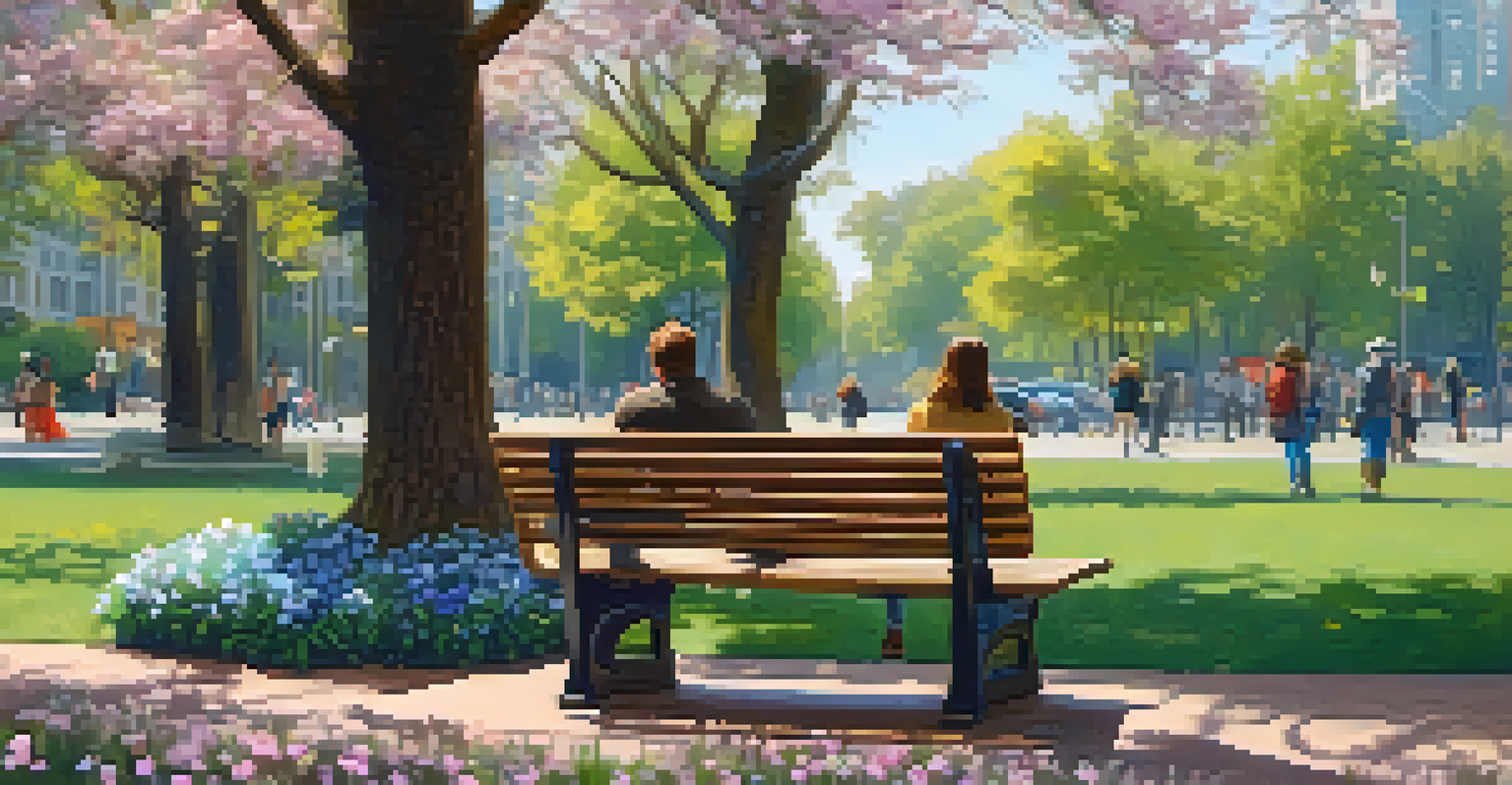 A person sitting on a park bench, using a smartphone to connect with friends, surrounded by nature and blooming flowers.
