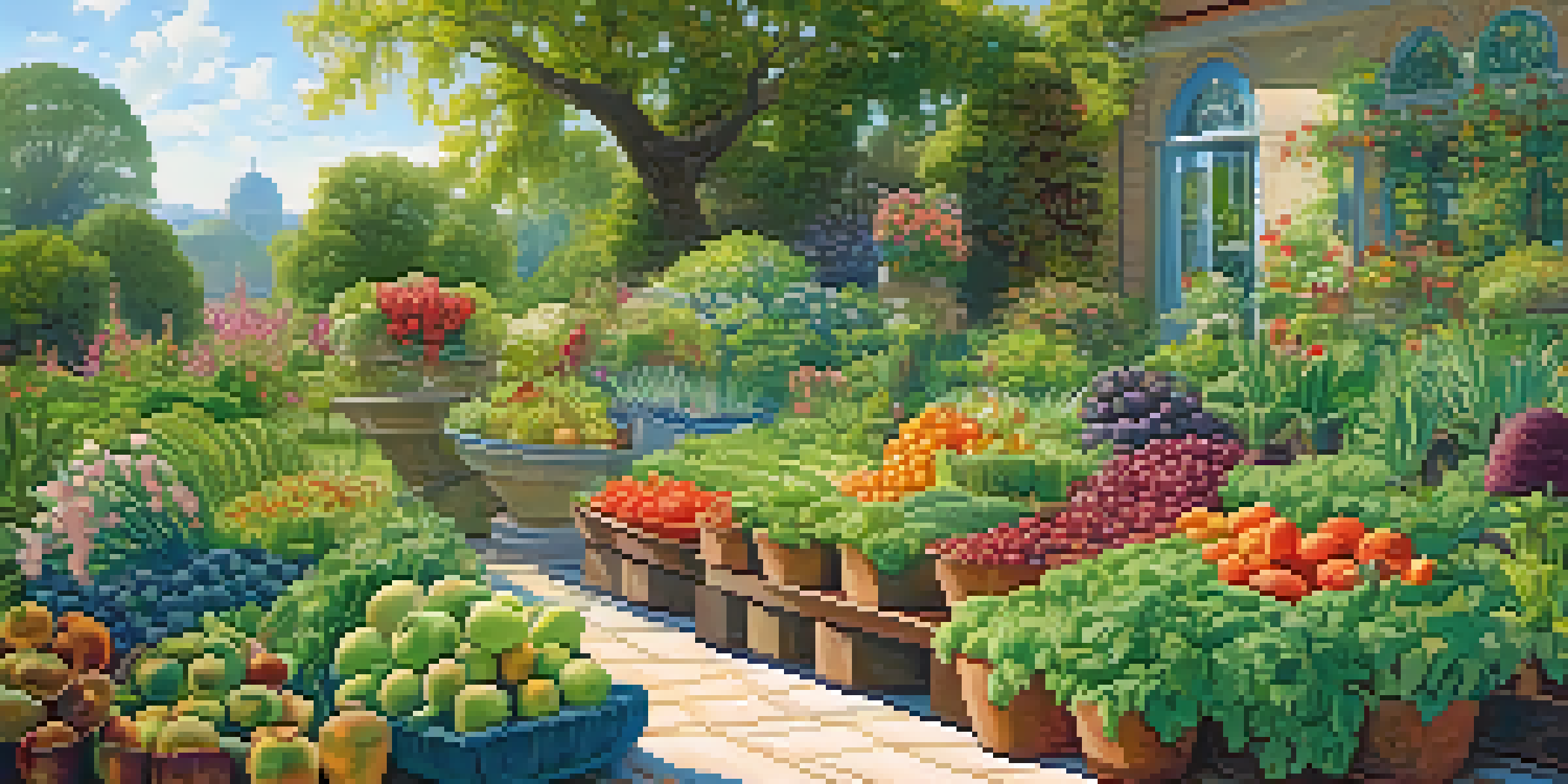 A lush garden filled with green plants, colorful flowers, and a variety of fruits and vegetables under a clear blue sky.
