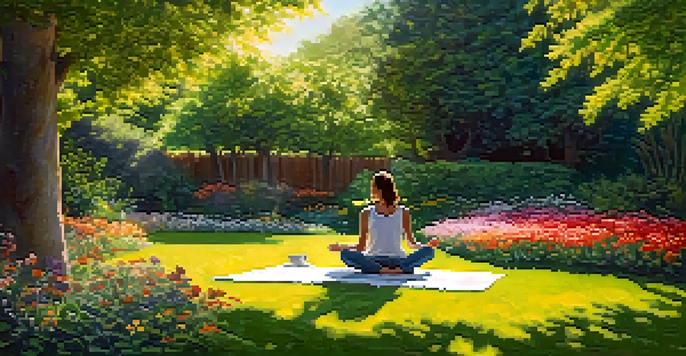 A person meditating in a garden, enjoying chamomile tea surrounded by flowers and sunlight.