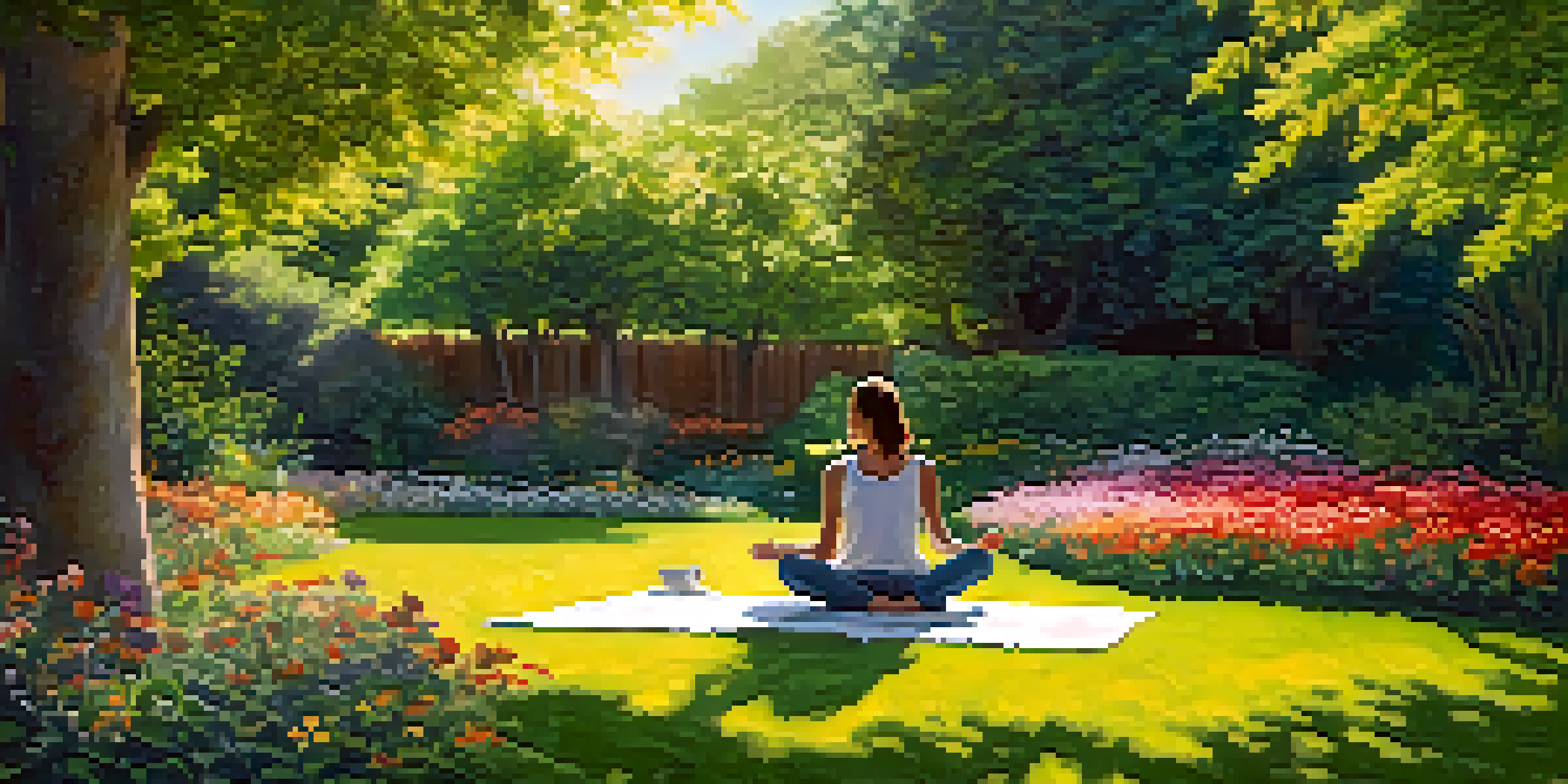 A person meditating in a garden, enjoying chamomile tea surrounded by flowers and sunlight.