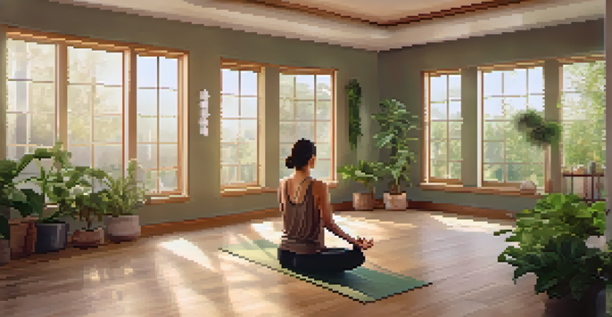 A person practicing yoga in a warm and serene studio, surrounded by plants and candles, with natural light coming through large windows.