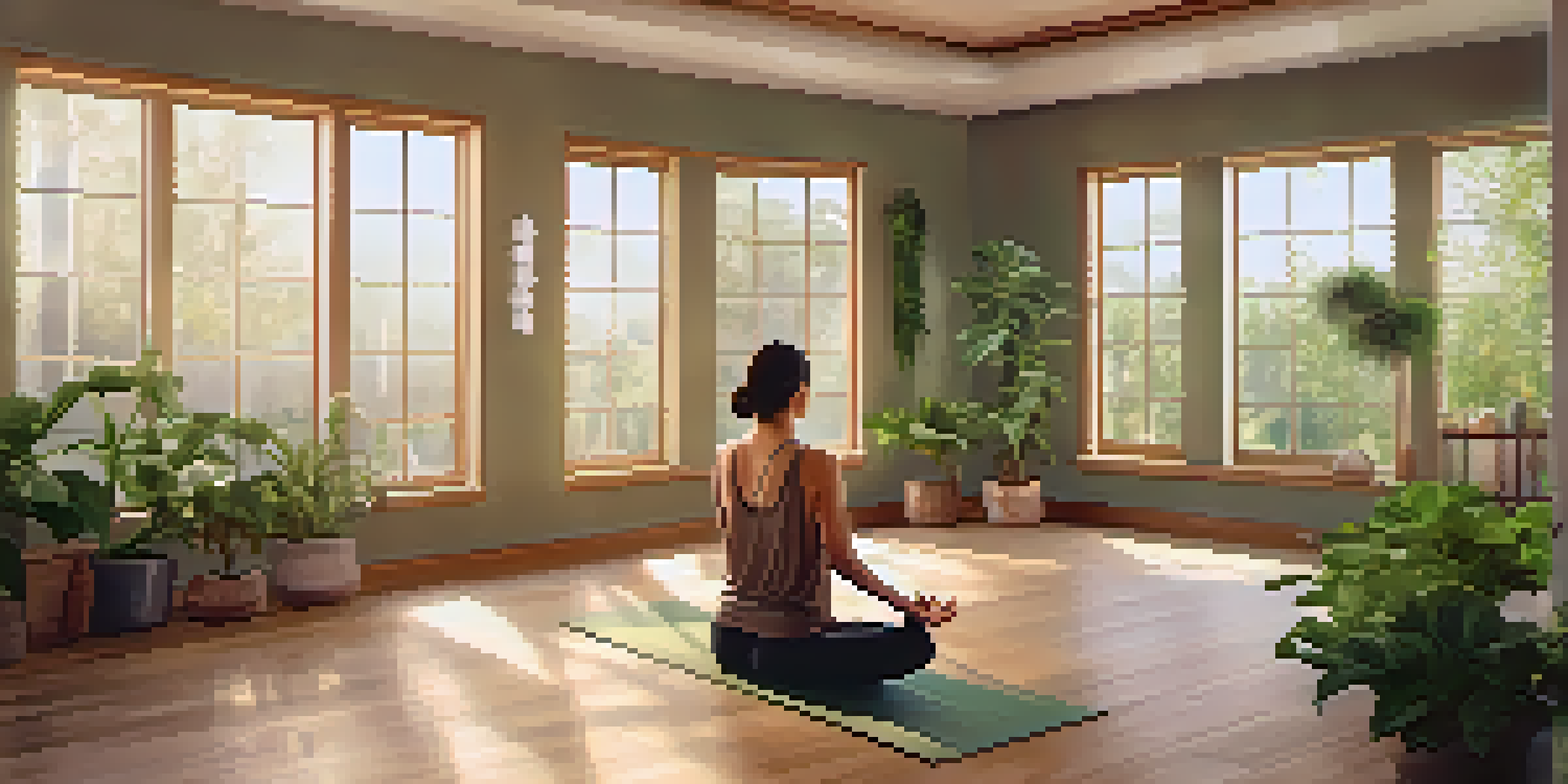 A person practicing yoga in a warm and serene studio, surrounded by plants and candles, with natural light coming through large windows.
