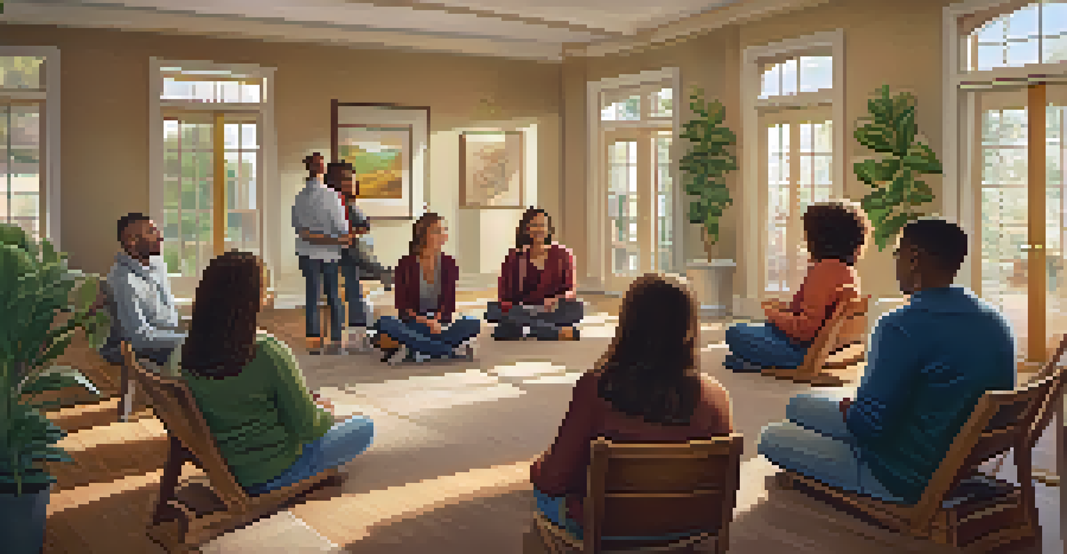 A support group meeting with families sitting in a circle in a cozy community center, sharing experiences.