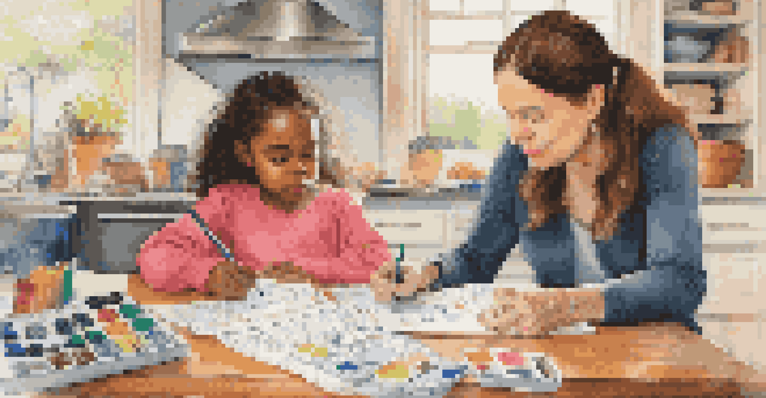 A child and parent engaged in a budgeting activity at a kitchen table, surrounded by colorful materials.